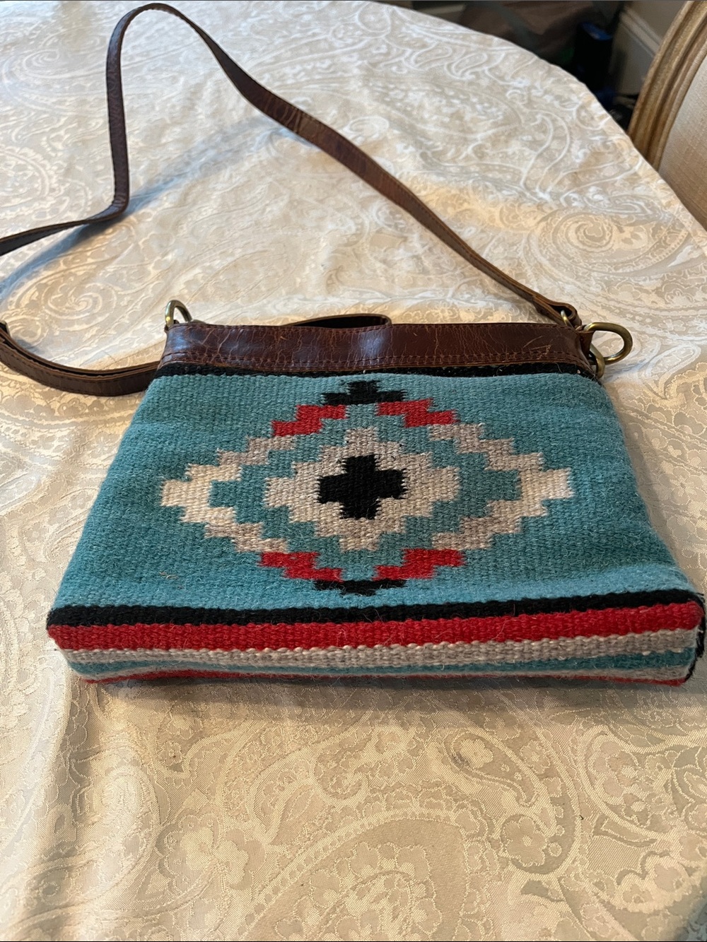 Catalina Handcrafted Saddle Blanket/ Vintage Leather Crossbody Southwestern EUC